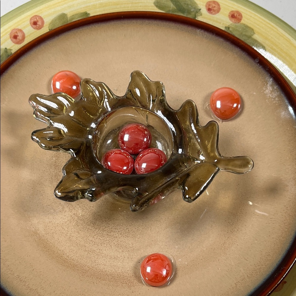 Hand Crafted Olive, Brown Red Leaf Plate, glass Art - Picture 5 of 7